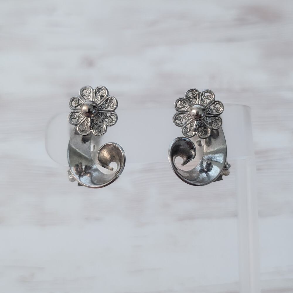 Vintage Clip On Earrings Stylish Silver Tone - Some Discoloration/Marks